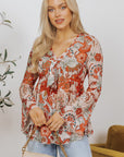 Celeste Floral V Neck Knot Bell Sleeve Blouse