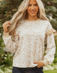 Leopard Ruffle Ribbed Trim Round Neck Sweatshirt