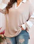 Plus Size Colorblock V-Neck Patchwork Long Sleeve Top