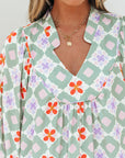Reagan Floral Print 3/4 Sleeve Notched Neck Mini Dress