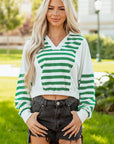 Stripe Colorblock Collared V-Neck Cropped Top