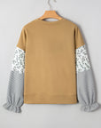 Floral Stripe Patchwork Ruffle Sleeve Crewneck Sweatshirt