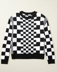 Checker Round Neck Drop Shoulder Sweater