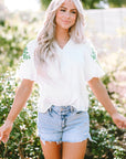 Priscilla Embroidered Puff Sleeve Notched Neck Blouse