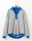 Stripe Buttoned Collared V-Neck Drop Shoulder Top