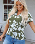 Floral Split Neck Short Sleeve Blouse