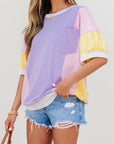 Colorblock Patchwork 3/4 Sleeve Chest Pocket T-Shirt
