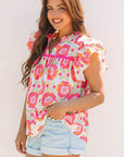 Floral Ricrac Trim Ruffle Sleeve Blouse