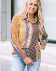 Brown Dot Print Long Sleeve Button Down Shift PLUS Shirt