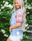 Pearl Gingham Floral Embroidered Puff Sleeve Blouse