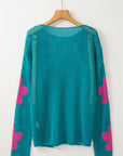 Dulce Big Flower Hollowed Knit Drop Shoulder Sweater