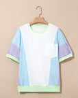 Colorblock Patchwork 3/4 Sleeve Chest Pocket T-Shirt