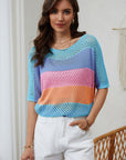 April Knitted Eyelet Colorblock Striped Half Sleeves Top