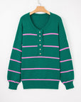 Plus Size Stripe Half Button Drop Shoulder Sweater