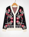 Floral Knit Button-Front V-Neck Cardigan
