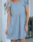 Ellis Flutter Sleeve Ruched Denim Casual Dress