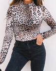 Leopard Mesh Smocked Neck Long Sleeve Bodysuit