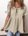 Milana Crinkle Embroidered Patched Bubble Sleeve Tied Neck Blouse