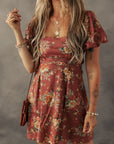 Floral Puff Sleeve Open Back Mini Dress