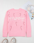 Merry Candy Cane Embroidered Crewneck Sweater