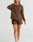 Textured Long Sleeve Top and Drawstring Shorts Set