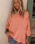 Jade Ribbed Roll-tab Sleeve Chest Pocket Oversize Top