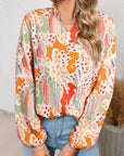 Abstract Puff Sleeve V-Neck Blouse