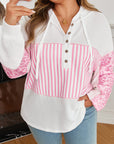 Pink Stripe Leopard Patchwork Waffle Knit Buttoned Plus Size Hoodie