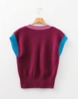 Colorblock V-Neck Cuffed Short Sleeve Sweater