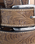 Nocona Leather Mens Belt Embossed Floral Tooled Engraved Buckle