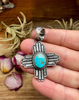 Zia Symbol Pendant with Sonoran Gold Turquoise – Sterling Silver – Native Made by K. Billah – Fits 8mm