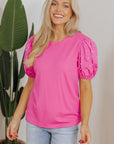 Shiloh Ribbed Pearl Beaded Puff Sleeve Top