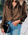Gwynn Frilled Neck Buttoned Front Velvet Top