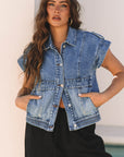Nora Blue Acid Wash Elastic Hem Button Up Denim Vest