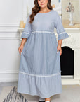 Plus Size Stripe Patchwork Lace Trim 3/4 Sleeve Maxi Dress