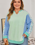 Plus Size Floral Patchwork Long Sleeve V-Neck Top