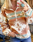 Western Aztec Quarter-Zip Elastic Cuffs Sweatshirt