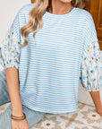 Stripe Floral 3/4 Puff Sleeve Top