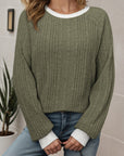 Solid Ribbed Contrast Trim Long Sleeve Top