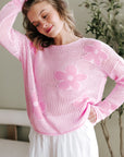 Dulce Big Flower Hollowed Knit Drop Shoulder Sweater