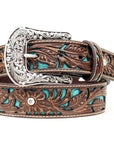 1 1/2 In Ariat Belt Siler Buckle Brown Leather Strap Ladies Turquoise