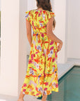 Dani Cheetah Plant Shirred Button V Neck Maxi Dress