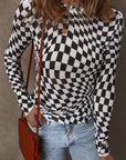 Checker Mesh Mock Neck Long Sleeve Top