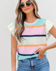 Yasmin Striped Flutter Sleeve Patchwork Top
