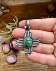 Zia Symbol Pendant with Green Sonoran Gold Turquoise – Sterling Silver – Native Made by K. Billah – Fits 8mm