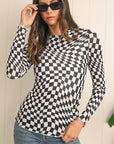 Checkered Pattern Mesh Long Sleeve Top