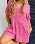 Corded Short Sleeve Buttoned Romper