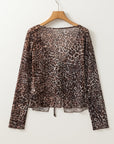 Leopard Sheer Mesh V-Neck Lace-up Top