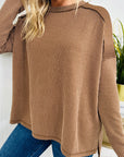 Solid Corded Knit Reverse Seam Long Sleeve Top
