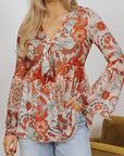 Celeste Floral V Neck Knot Bell Sleeve Blouse